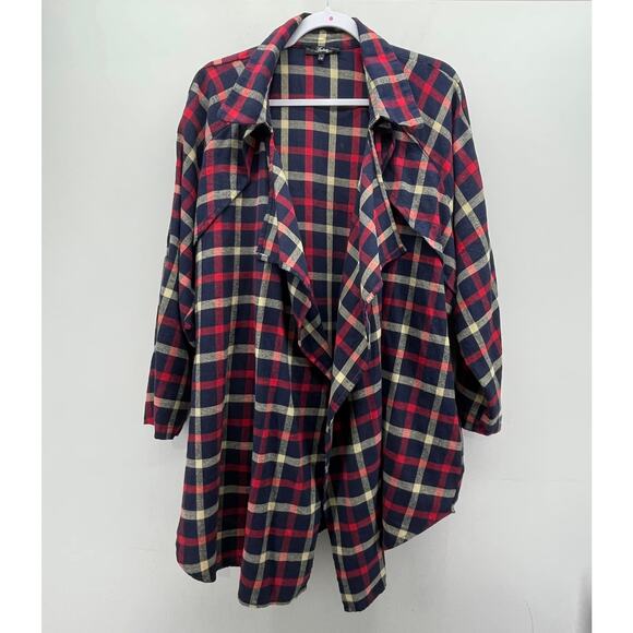 Andree By Unit Navy Blue Red Cream Plaid Flyaway Flannel - Picture 1 of 6